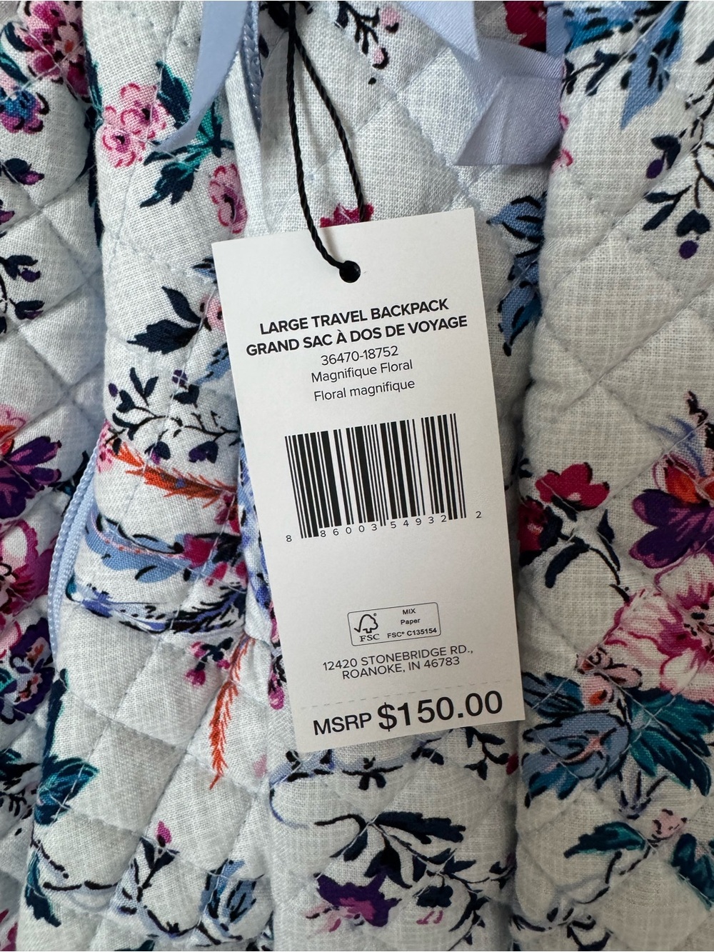 VERA BRADLEY -Cotton Large Travel Backpack Travel Bag, Magnifique Floral- NWT - Picture 11 of 16